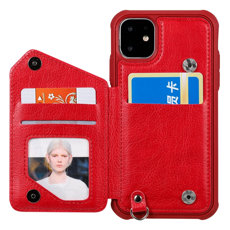 For iPhone 11 Dual Buckles Zipper Shockproof Back Cover Protective Case with Holder & Card Slots & Wallet & Lanyard & Photos Frames