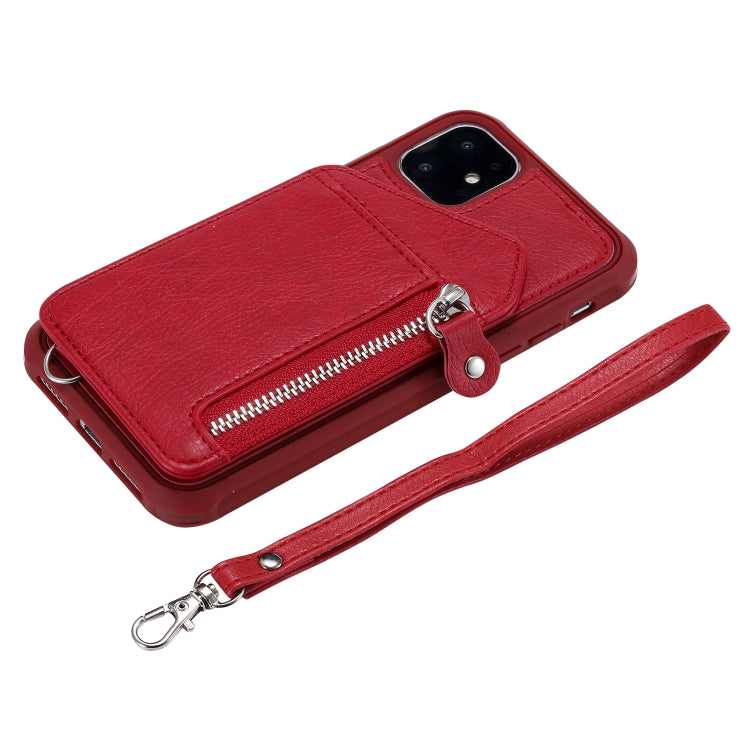 For iPhone 11 Dual Buckles Zipper Shockproof Back Cover Protective Case with Holder & Card Slots & Wallet & Lanyard & Photos Frames