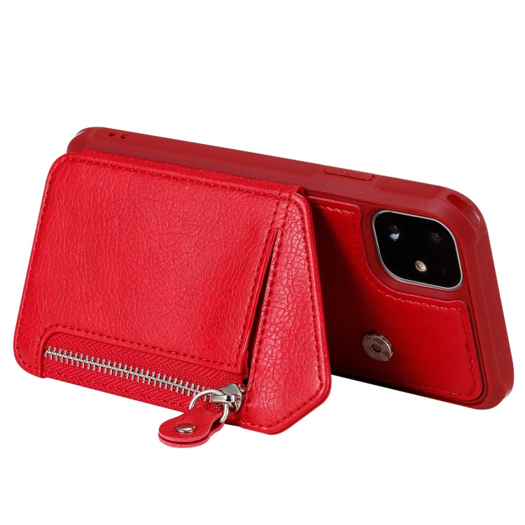 For iPhone 11 Dual Buckles Zipper Shockproof Back Cover Protective Case with Holder & Card Slots & Wallet & Lanyard & Photos Frames