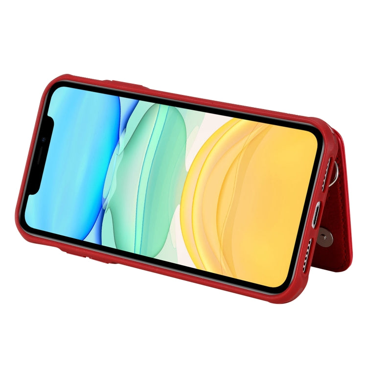 For iPhone 11 Dual Buckles Zipper Shockproof Back Cover Protective Case with Holder & Card Slots & Wallet & Lanyard & Photos Frames