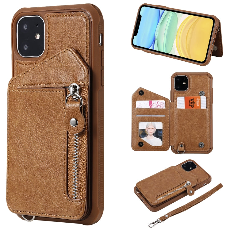 For iPhone 11 Dual Buckles Zipper Shockproof Back Cover Protective Case with Holder & Card Slots & Wallet & Lanyard & Photos Frames