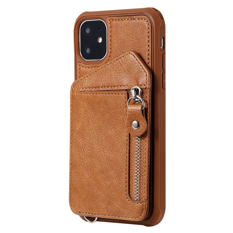 For iPhone 11 Dual Buckles Zipper Shockproof Back Cover Protective Case with Holder & Card Slots & Wallet & Lanyard & Photos Frames