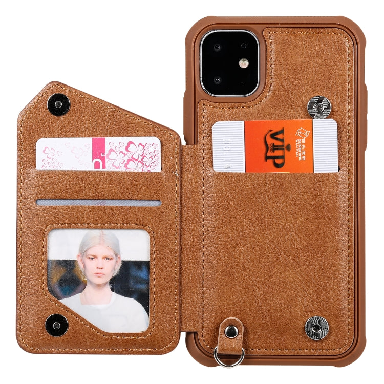 For iPhone 11 Dual Buckles Zipper Shockproof Back Cover Protective Case with Holder & Card Slots & Wallet & Lanyard & Photos Frames