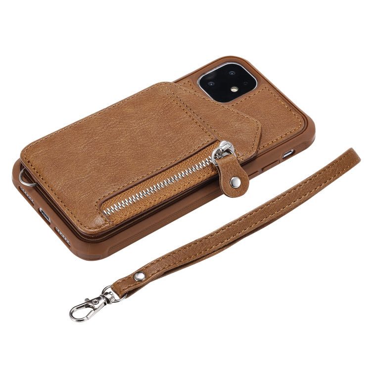 For iPhone 11 Dual Buckles Zipper Shockproof Back Cover Protective Case with Holder & Card Slots & Wallet & Lanyard & Photos Frames