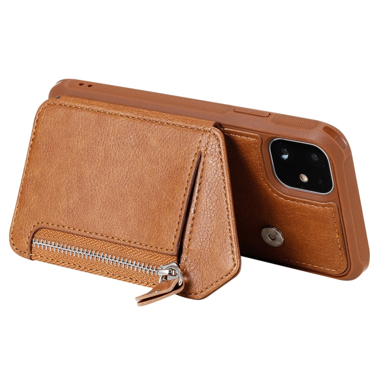 For iPhone 11 Dual Buckles Zipper Shockproof Back Cover Protective Case with Holder & Card Slots & Wallet & Lanyard & Photos Frames