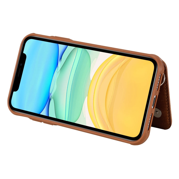 For iPhone 11 Dual Buckles Zipper Shockproof Back Cover Protective Case with Holder & Card Slots & Wallet & Lanyard & Photos Frames