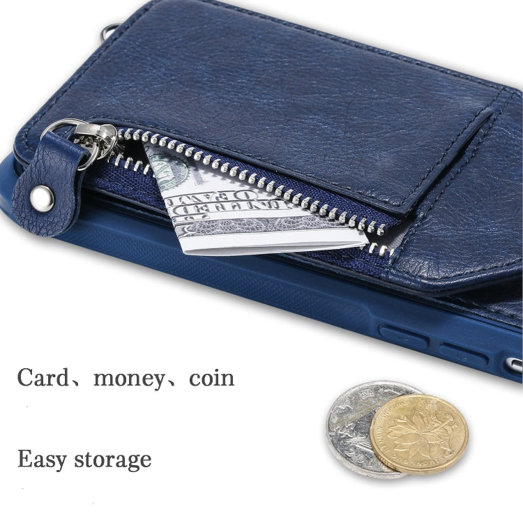 For iPhone 11 Dual Buckles Zipper Shockproof Back Cover Protective Case with Holder & Card Slots & Wallet & Lanyard & Photos Frames