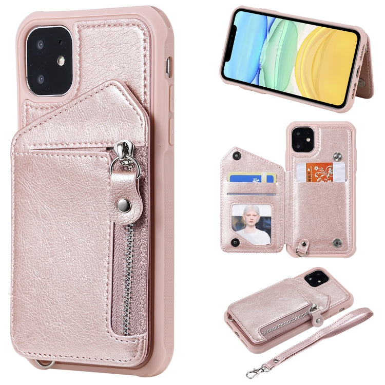 For iPhone 11 Dual Buckles Zipper Shockproof Back Cover Protective Case with Holder & Card Slots & Wallet & Lanyard & Photos Frames