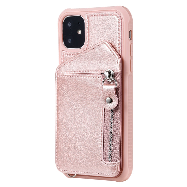 For iPhone 11 Dual Buckles Zipper Shockproof Back Cover Protective Case with Holder & Card Slots & Wallet & Lanyard & Photos Frames