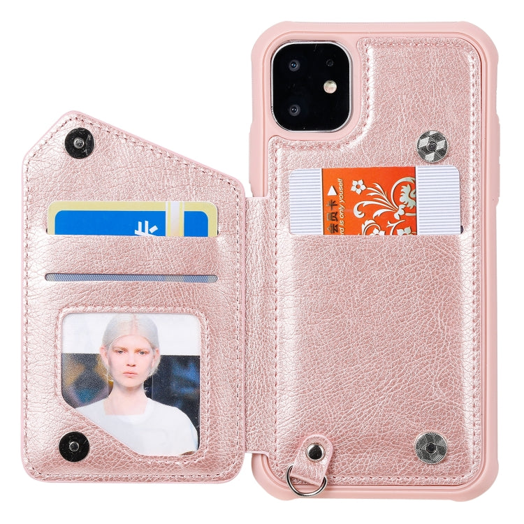 For iPhone 11 Dual Buckles Zipper Shockproof Back Cover Protective Case with Holder & Card Slots & Wallet & Lanyard & Photos Frames