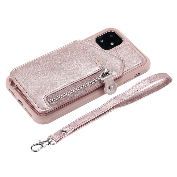 For iPhone 11 Dual Buckles Zipper Shockproof Back Cover Protective Case with Holder & Card Slots & Wallet & Lanyard & Photos Frames