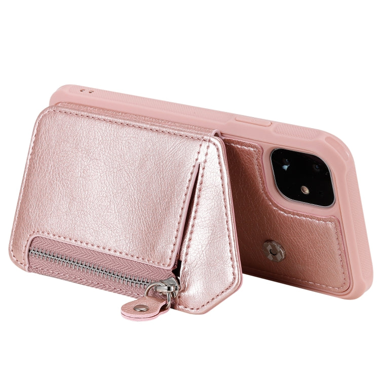 For iPhone 11 Dual Buckles Zipper Shockproof Back Cover Protective Case with Holder & Card Slots & Wallet & Lanyard & Photos Frames