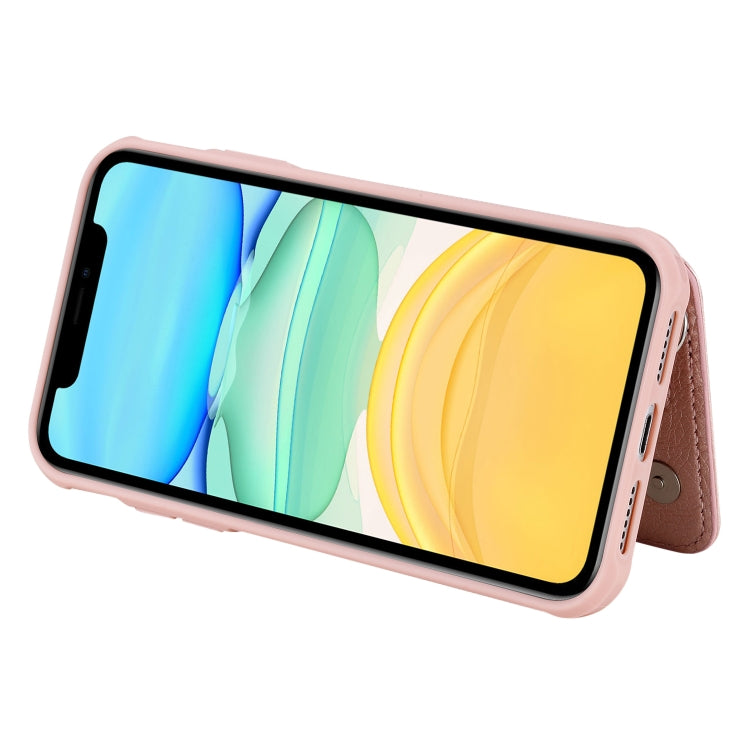 For iPhone 11 Dual Buckles Zipper Shockproof Back Cover Protective Case with Holder & Card Slots & Wallet & Lanyard & Photos Frames