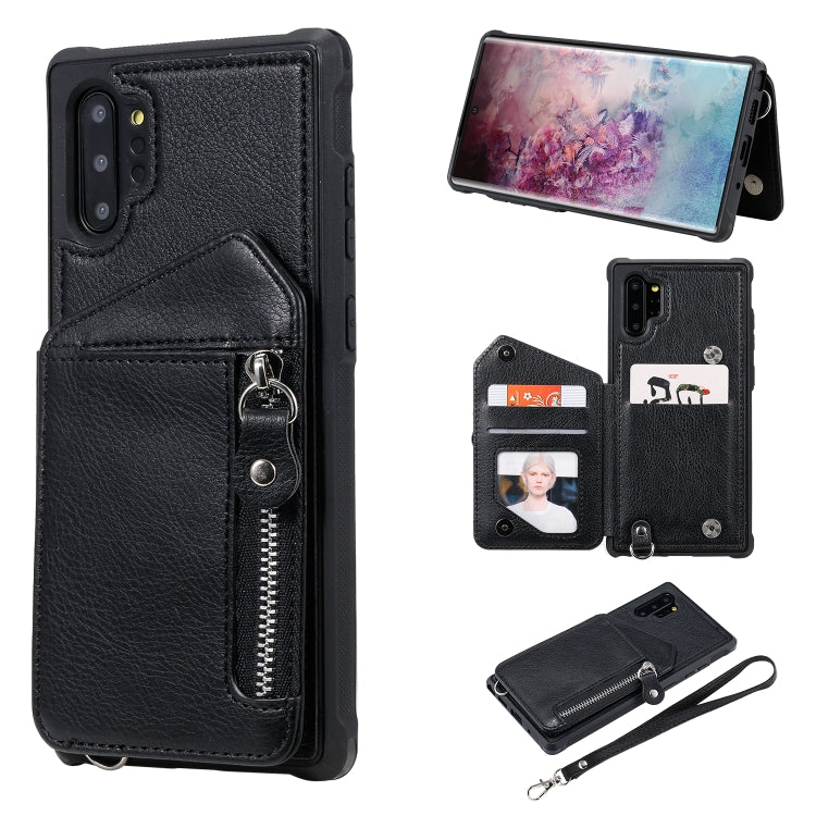 For Galaxy Note 10 Plus Dual Buckles Zipper Shockproof Back Cover Protective Case with Holder & Card Slots & Wallet & Lanyard & Photos Frames