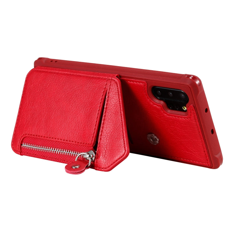 For Galaxy Note 10 Plus Dual Buckles Zipper Shockproof Back Cover Protective Case with Holder & Card Slots & Wallet & Lanyard & Photos Frames