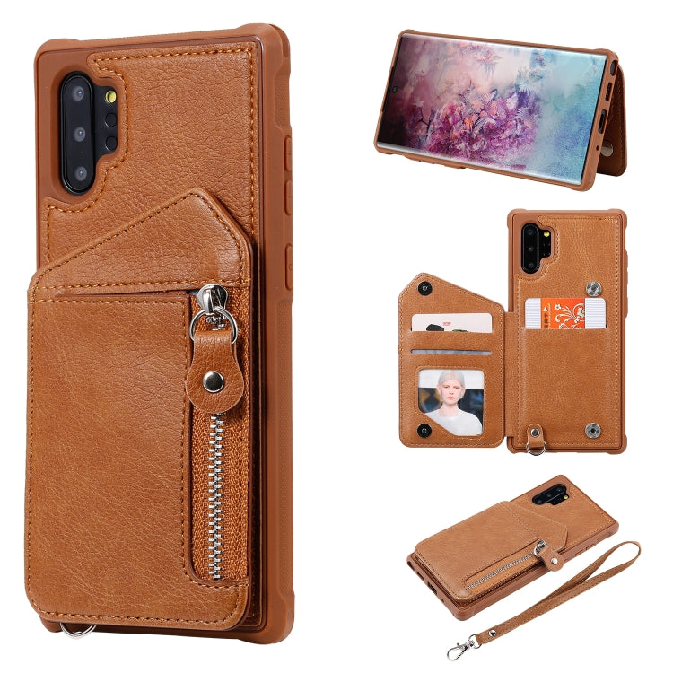 For Galaxy Note 10 Plus Dual Buckles Zipper Shockproof Back Cover Protective Case with Holder & Card Slots & Wallet & Lanyard & Photos Frames