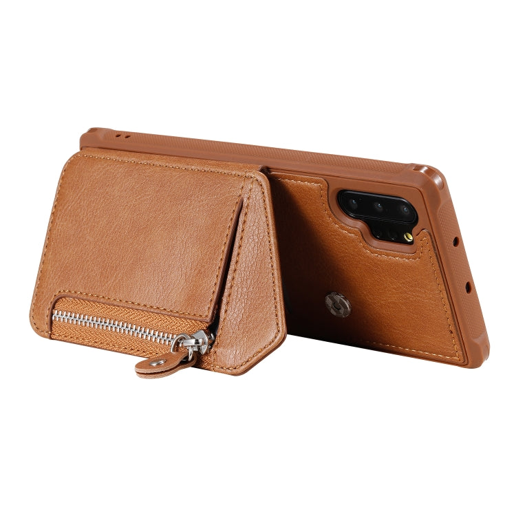 For Galaxy Note 10 Plus Dual Buckles Zipper Shockproof Back Cover Protective Case with Holder & Card Slots & Wallet & Lanyard & Photos Frames