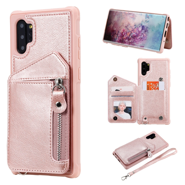 For Galaxy Note 10 Plus Dual Buckles Zipper Shockproof Back Cover Protective Case with Holder & Card Slots & Wallet & Lanyard & Photos Frames