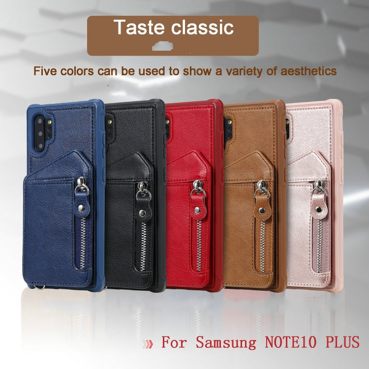 For Galaxy Note 10 Plus Dual Buckles Zipper Shockproof Back Cover Protective Case with Holder & Card Slots & Wallet & Lanyard & Photos Frames