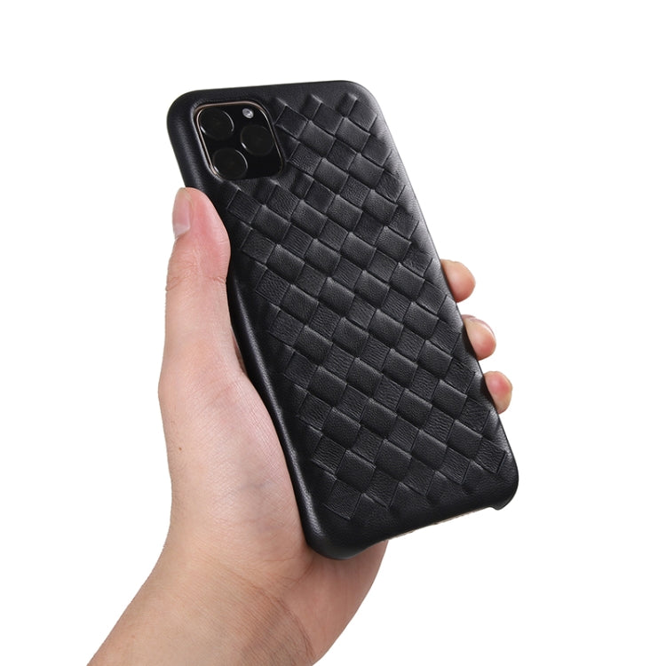 For iPhone 11 Woven Texture Sheepskin Leather Back Cover Semi-wrapped Shockproof Case