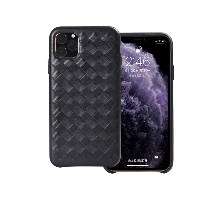 For iPhone 11 Pro Woven Texture Sheepskin Leather Back Cover Semi-wrapped Shockproof Case