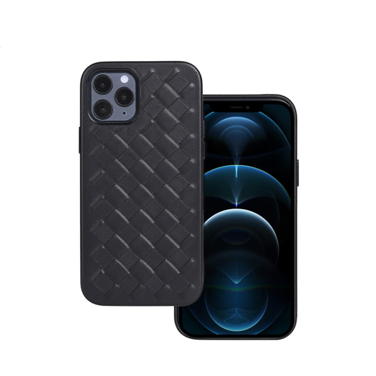 For iPhone 12 Pro Max Woven Texture Sheepskin Leather Back Cover Full-wrapped Shockproof Case