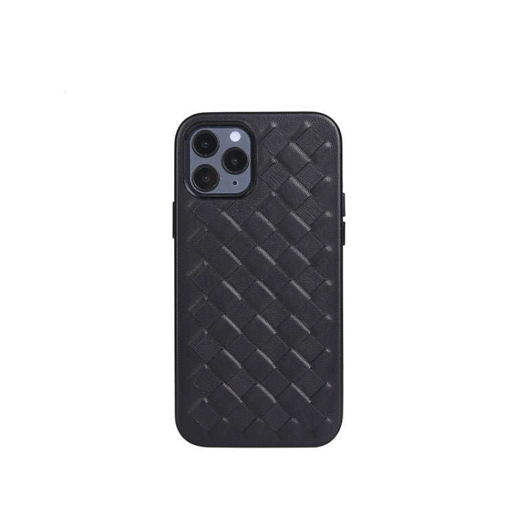 For iPhone 12 Pro Max Woven Texture Sheepskin Leather Back Cover Full-wrapped Shockproof Case