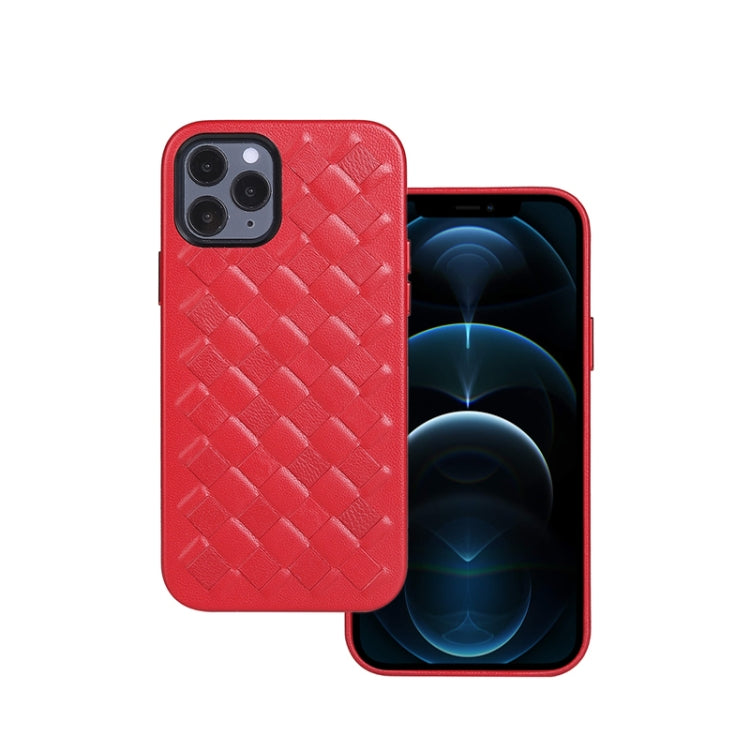For iPhone 12 Pro Max Woven Texture Sheepskin Leather Back Cover Full-wrapped Shockproof Case