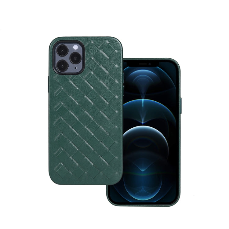 For iPhone 12 Pro Max Woven Texture Sheepskin Leather Back Cover Full-wrapped Shockproof Case