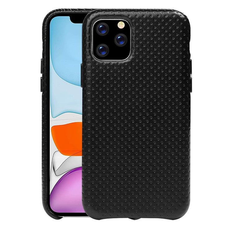 For iPhone 11 Mesh Texture Cowhide Leather Back Cover Semi-wrapped Shockproof Case