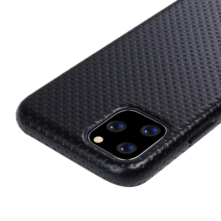 For iPhone 11 Mesh Texture Cowhide Leather Back Cover Semi-wrapped Shockproof Case