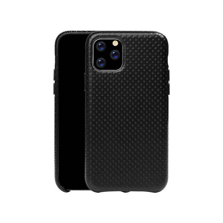 For iPhone 11 Pro Max Mesh Texture Cowhide Leather Back Cover Semi-wrapped Shockproof Case