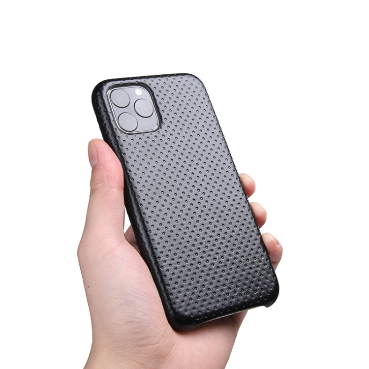 For iPhone 11 Pro Max Mesh Texture Cowhide Leather Back Cover Semi-wrapped Shockproof Case
