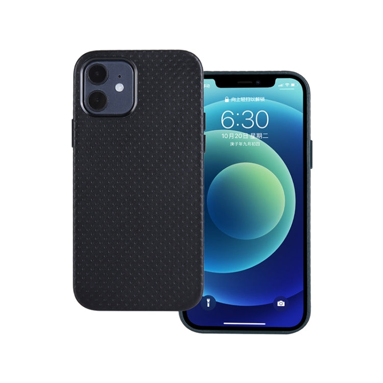For iPhone 12 / 12 Pro Mesh Texture Cowhide Leather Back Cover Full-wrapped Shockproof Case