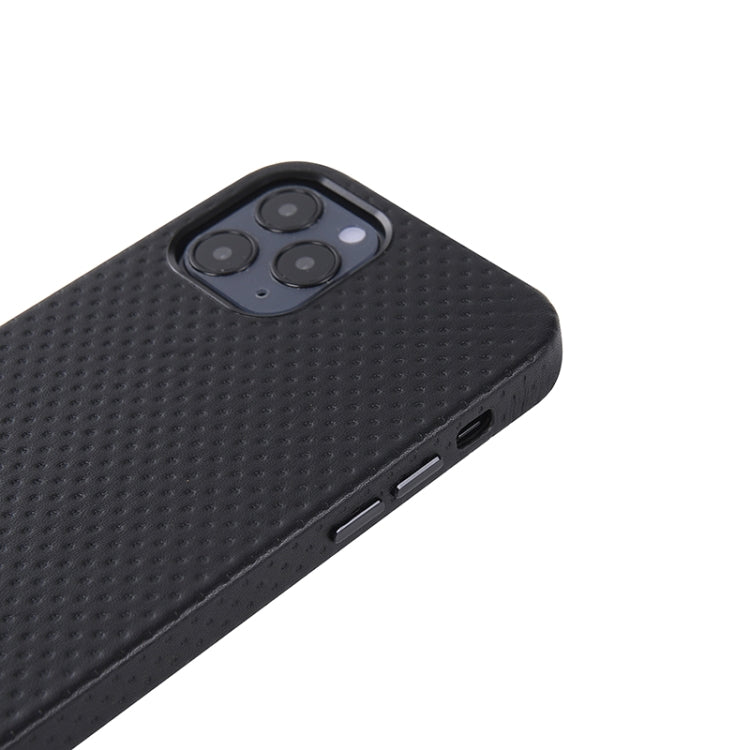 For iPhone 12 Pro Max Mesh Texture Cowhide Leather Back Cover Full-wrapped Shockproof Case