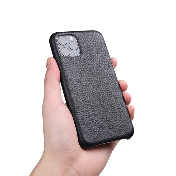 For iPhone 11 Pro Max Litchi Texture Cowhide Leather Back Cover Semi-wrapped Shockproof Case
