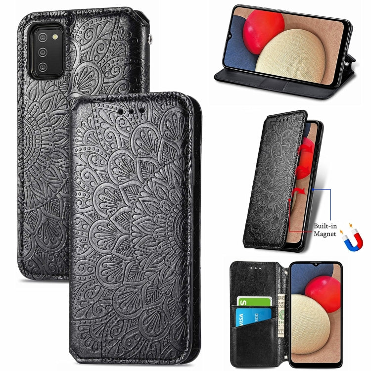 For Samsung Galaxy A03s 166mm Blooming Mandala Embossed Pattern Magnetic Horizontal Flip Leather Case with Holder & Card Slots & Wallet