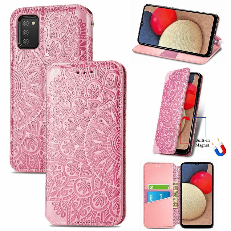 For Samsung Galaxy A03s 166mm Blooming Mandala Embossed Pattern Magnetic Horizontal Flip Leather Case with Holder & Card Slots & Wallet