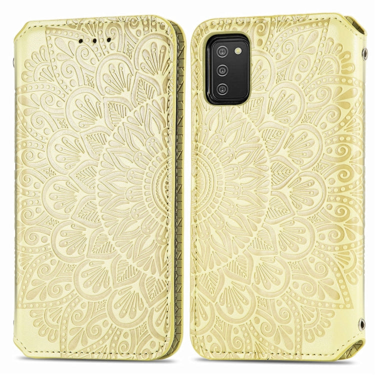 For Samsung Galaxy A03s 166mm Blooming Mandala Embossed Pattern Magnetic Horizontal Flip Leather Case with Holder & Card Slots & Wallet