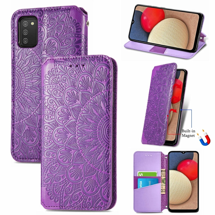 For Samsung Galaxy A03s 166mm Blooming Mandala Embossed Pattern Magnetic Horizontal Flip Leather Case with Holder & Card Slots & Wallet