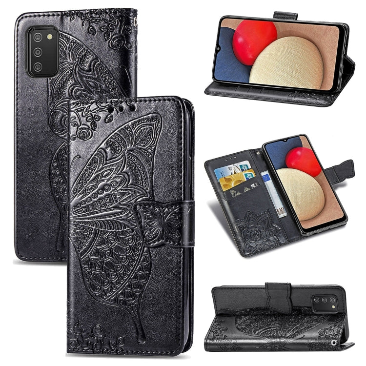 For Samsung Galaxy A03s 166mm Butterfly Love Flowers Embossed Horizontal Flip Leather Case with Holder & Card Slots & Wallet & Lanyard