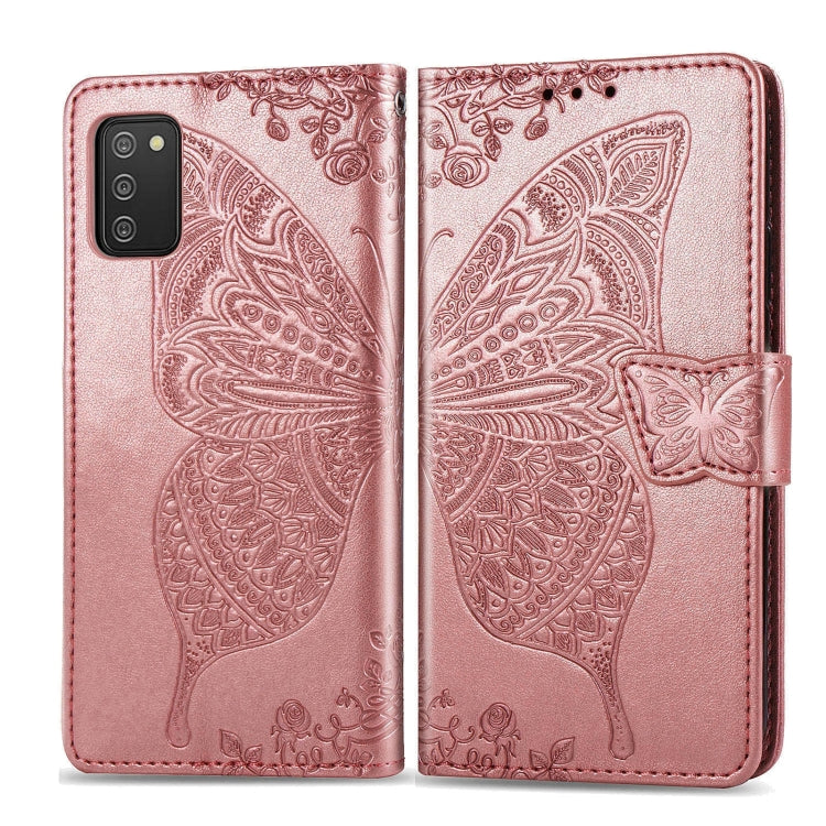 For Samsung Galaxy A03s 166mm Butterfly Love Flowers Embossed Horizontal Flip Leather Case with Holder & Card Slots & Wallet & Lanyard