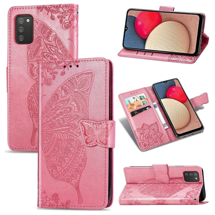 For Samsung Galaxy A03s 166mm Butterfly Love Flowers Embossed Horizontal Flip Leather Case with Holder & Card Slots & Wallet & Lanyard