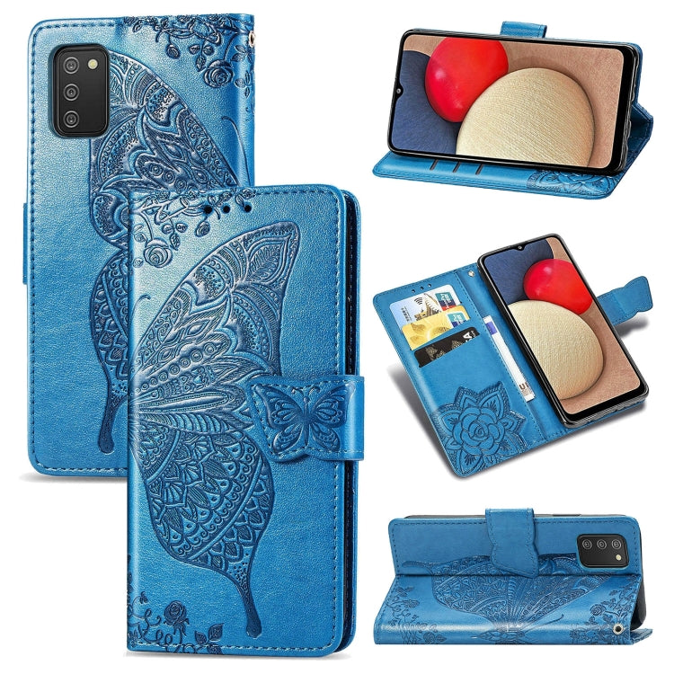 For Samsung Galaxy A03s 166mm Butterfly Love Flowers Embossed Horizontal Flip Leather Case with Holder & Card Slots & Wallet & Lanyard