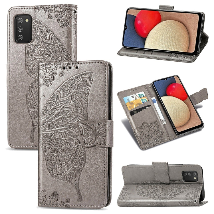 For Samsung Galaxy A03s 166mm Butterfly Love Flowers Embossed Horizontal Flip Leather Case with Holder & Card Slots & Wallet & Lanyard