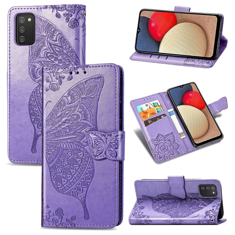 For Samsung Galaxy A03s 166mm Butterfly Love Flowers Embossed Horizontal Flip Leather Case with Holder & Card Slots & Wallet & Lanyard