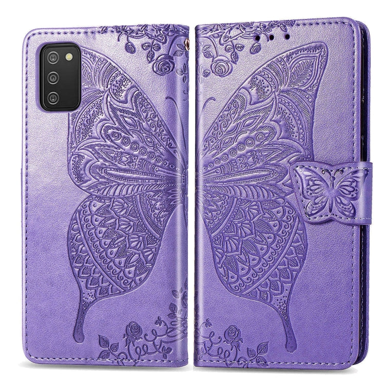 For Samsung Galaxy A03s 166mm Butterfly Love Flowers Embossed Horizontal Flip Leather Case with Holder & Card Slots & Wallet & Lanyard