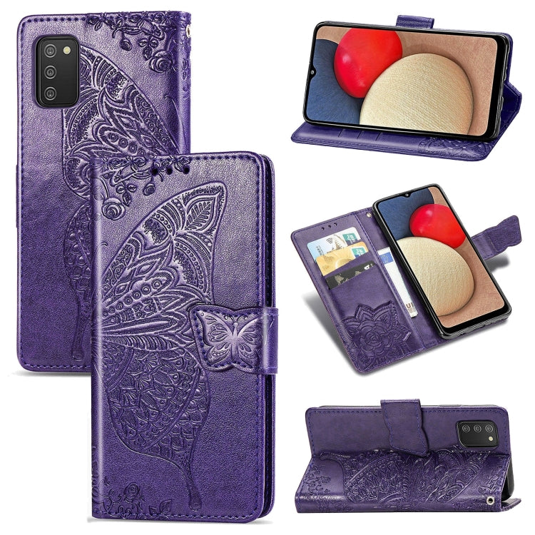 For Samsung Galaxy A03s 166mm Butterfly Love Flowers Embossed Horizontal Flip Leather Case with Holder & Card Slots & Wallet & Lanyard