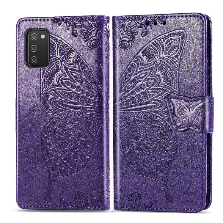 For Samsung Galaxy A03s 166mm Butterfly Love Flowers Embossed Horizontal Flip Leather Case with Holder & Card Slots & Wallet & Lanyard