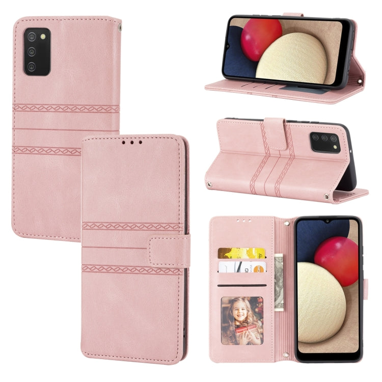 For Samsung Galaxy A03s 166mm Embossed Striped Magnetic Buckle PU + TPU Horizontal Flip Leather Case with Holder & Card Slot & Wallet & Photo Frame & Sling